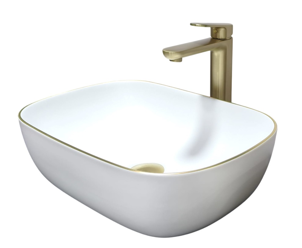 Counter Top Rectangular Wash Basin Bundle With Tall Mixer Tap C-6023 Bundle Gold Series